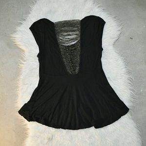 Free people open fringe back black blouse